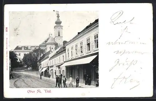 AK Wien, Ober-St. Veit, Strassenpartie mit Geschäften und Kirche, Kindergruppe