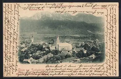 AK Schladming, Teilansicht mit Kirchen u. Bergpanorama aus der Vogelschau