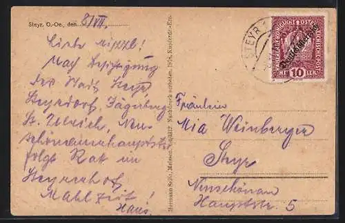 AK Steyr /O. Ö., Ortsansicht vom Tabor aus, Trachtenmädchen im Rahmen