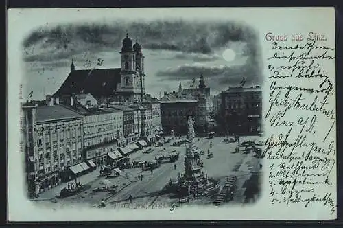 Mondschein-AK Linz, Franz Josef-Platz aus der Vogelschau