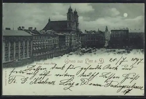 Mondschein-AK Linz a. D., Franz Josef-Platz von oben