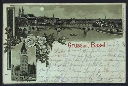 Mondschein-Lithographie Basel, St. Albanthor, Panorama mit Brücke, Rosen