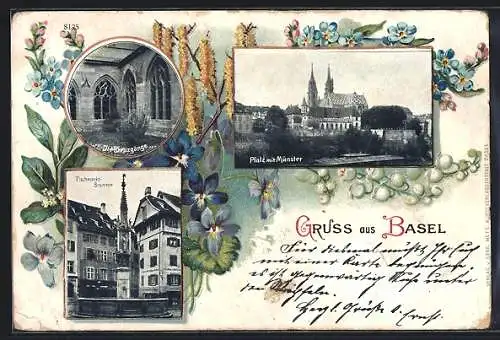 Lithographie Basel, Fischmarkt-Brunnen, Pfalz mit Münster, Blumen