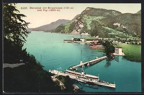 AK Stansstad, Ortsansicht mit Brücke, Bürgenstock u. Rigi