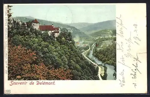 AK Delémont, Ortsansicht mit Fluss aus der Vogelschau