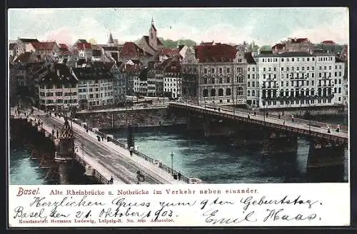 AK Basel, Alte Rheinbrücke u. Notbrücke aus der Vogelschau