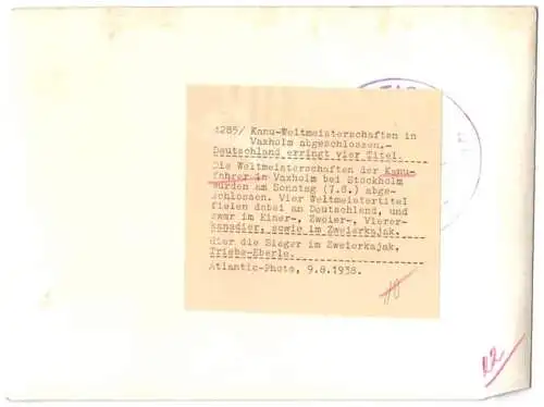 Fotografie Atlanltic, Ansicht Vaxholm / Schweden, Kanu-Weltmeisterschaften 1938, Deutsches Zweier-Kajak siegt