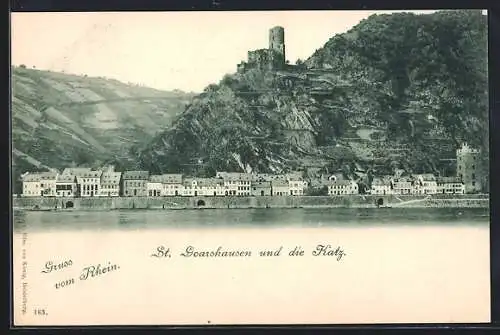 AK St. Goarshausen, Ortsansicht mit Burg Katz vom Rhein aus