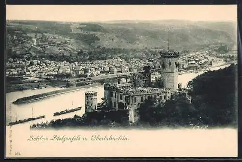 AK Oberlahnstein, Ortsansicht mit Schloss Stolzenfels aus der Vogelschau