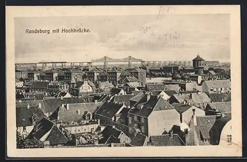 AK Rendsburg, Panorama d. Ortes mit der Hochbrücke