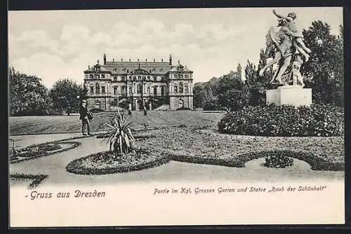 AK Dresden, Grosser Garten, Partie mit Statue Raub der Schönheit