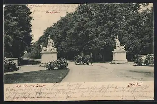 AK Dresden, Grosser Garten, Hauptallee mit Statuen u. Kutsche