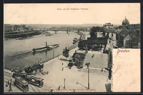 AK Dresden, Blick auf die Brühlsche Terrasse, Strassenbahnen