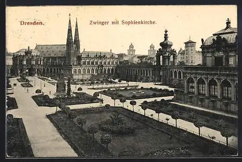 AK Dresden, Zwinger mit Sophienkirche aus der Vogelschau