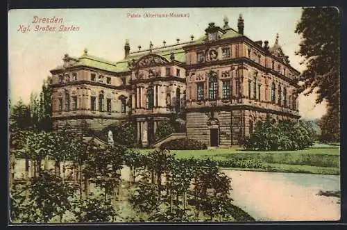 AK Dresden, Grosser Garten, Palais / Altertums-Museum mit Einfahrt