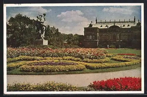 AK Dresden, Garten-Ausstellung, Grosser Garten, Skulptur im Blumenrondell