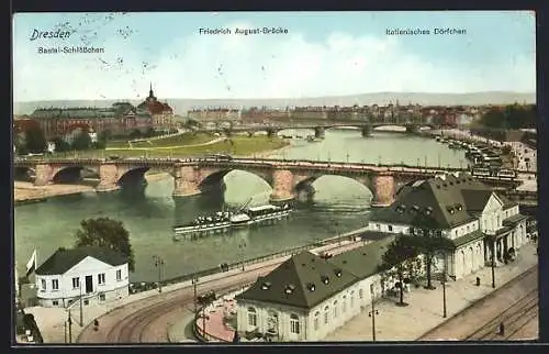 AK Dresden, Ortsansicht mit Strasse, Brücke, Bastei-Schlosschen u. Ital. Dörfchen