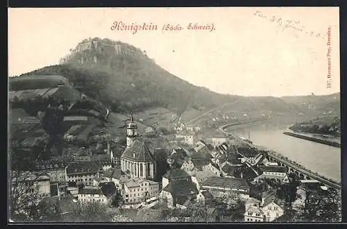 AK Königstein /Sa., Ortsansicht mit Festung und Viadukt