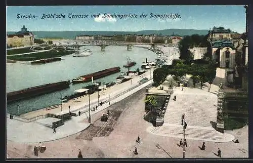 AK Dresden, Brühlsche Terrasse und Landungsplatz der Dampfschiffe