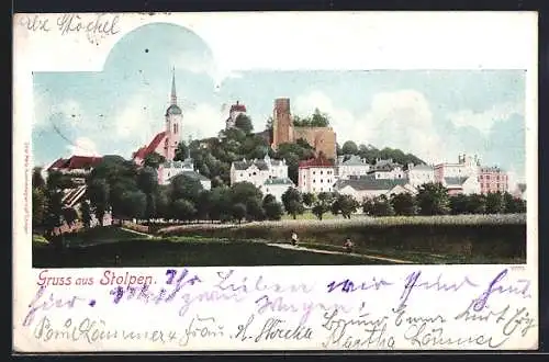 AK Stolpen, Blick zum Ort mt Kirche