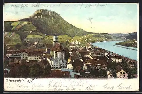 AK Königstein / Elbe, Teilansicht mit Kirche, Elbe und Festung