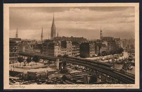 AK Hamburg, Rödingsmarkt mit Hochbahn über dem Hafen