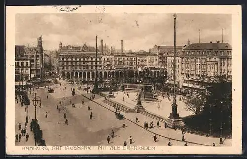 AK Hamburg, Rathausmarkt mit Alsterarkaden aus der Vogelschau