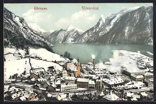 AK Ebensee, Teilansicht mit Kirche im Winter