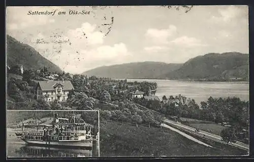 AK Sattendorf am Oss.-See, Panorama, Dampfer