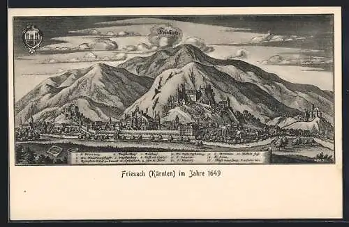 Künstler-AK Friesach /Kärnten, Teilansicht mit St. Petersberg, Rathaus und Kirche St. Anna 1649