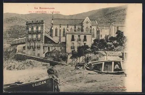 AK Cerbère, L`église et le bateau Vauban au bord de la mer