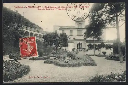 AK Saint-Paul-de-Fenouillet, Vue du jardin et thermes de l`établissement thermal au Pont-de-la-Fen