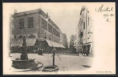 AK Perpignan, La Place de la Loge avec fontaine et café