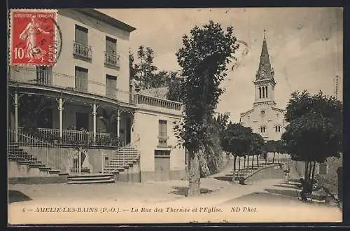 AK Amélie-les-Bains, La Rue des Thermes et l`Église