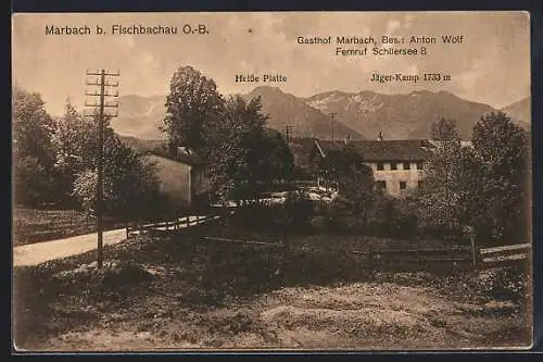 AK Marbach / Obb., Ortspartie mit Gasthaus Marbach, Alpenpanorama mit Heisse Platte und Jäger-Kamp