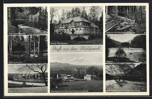 AK Lössnitz / Freiberg, Hotel Waldpark, Ortspartie mit Waldparkgarten, Wehr, Kleinbahnbrücke über dei Flöha