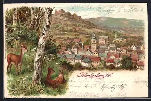 Lithographie Blankenburg / Th., Blick auf die Stadt, Rehe am Waldrand