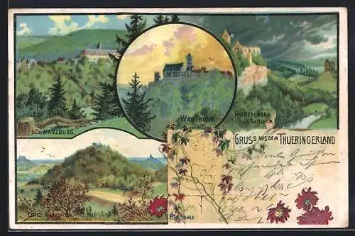 Lithographie Schwarzburg, Wartburg, Drei Gleichen