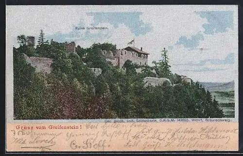 Seiden-Imitations-AK Greifenstein, Ruine Greifenstein