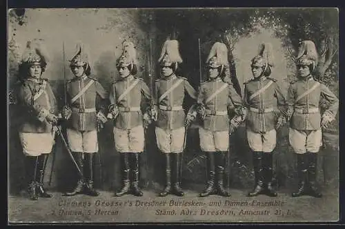 AK Dresden, Clemens Grosser`s Dresdner Burlesken- und Damen-Ensemble, Annenstr. 21, Damen in Uniform