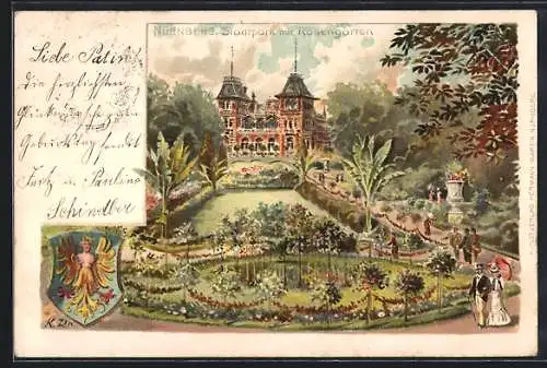 AK Nürnberg, Stadtpark und Rosengarten mit Wappen