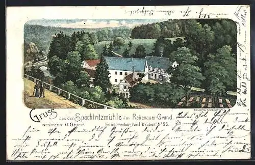 Lithographie Rabenau / Sachsen, Gasthaus Spechtritzmühle v. A. Geier