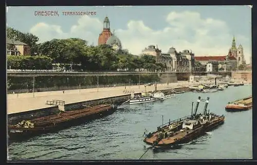 AK Dresden, Terrassenufer mit Dampfbooten