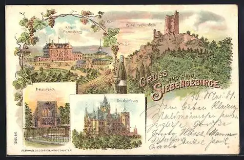 Lithographie Siebengebirge, Hotel Petersberg, Heisterbach, Drachenburg