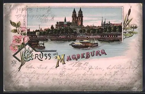 Lithographie Magdeburg, Uferpartie mit Dom