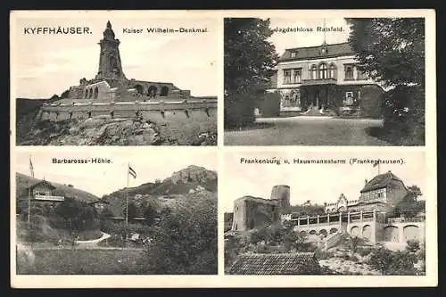 AK Kyffhäuser, Kaiser Wilhelm-Denkmal, Jagdschloss Ratsfeldt, Barbarossa-Höhle, Frankenburg und Hausmannsturm