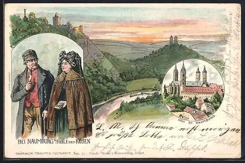 Lithographie Naumburg / Saale, Dom, Rudelsburg und Saaleck, Paar in Tracht