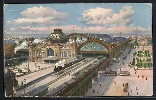 AK Dresden, Hauptbahnhof mit Strassenbahn und Lokomotive