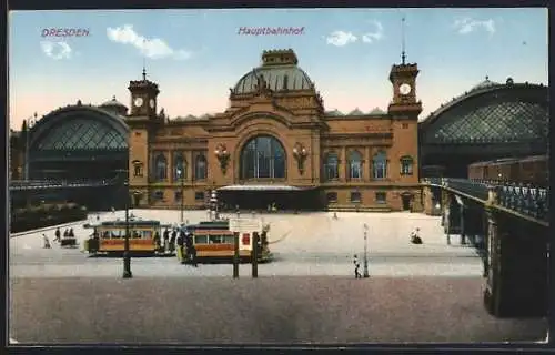 AK Dresden, Hauptbahnhof mit Strassenbahn