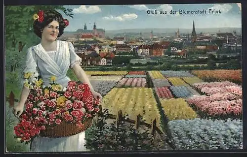 AK Erfurt, Blumenmädchen vor bunten Blumenbeeten